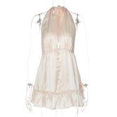 LIZAKOSHT  -  Sexy Deep V-neck Backless Champagne Party Club Dresses Women Halter Bandage Sleeveless Tunics Buttons Short Evening Dress